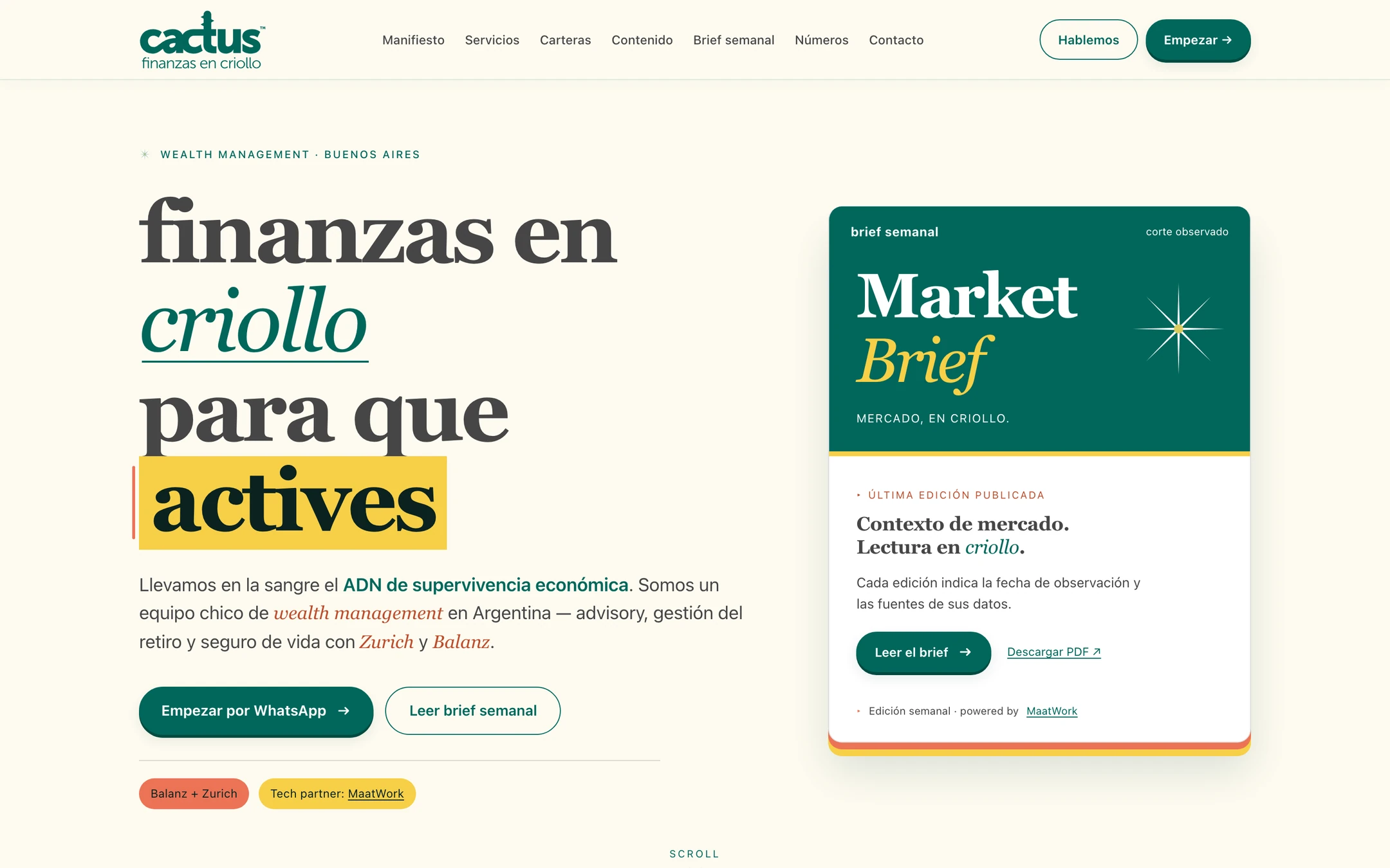 Portada de Cactus Wealth con el titular finanzas en criollo y el acceso al Market Brief semanal