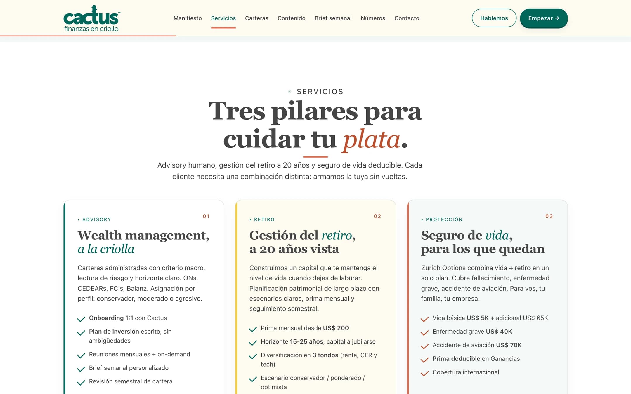 Sección de servicios de Cactus Wealth con los tres pilares: wealth management, retiro y seguro de vida