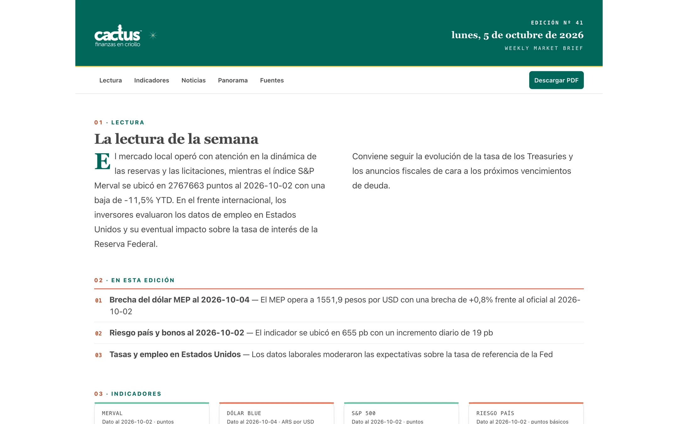 Edición semanal del Market Brief de Cactus con la lectura de la semana e indicadores de mercado
