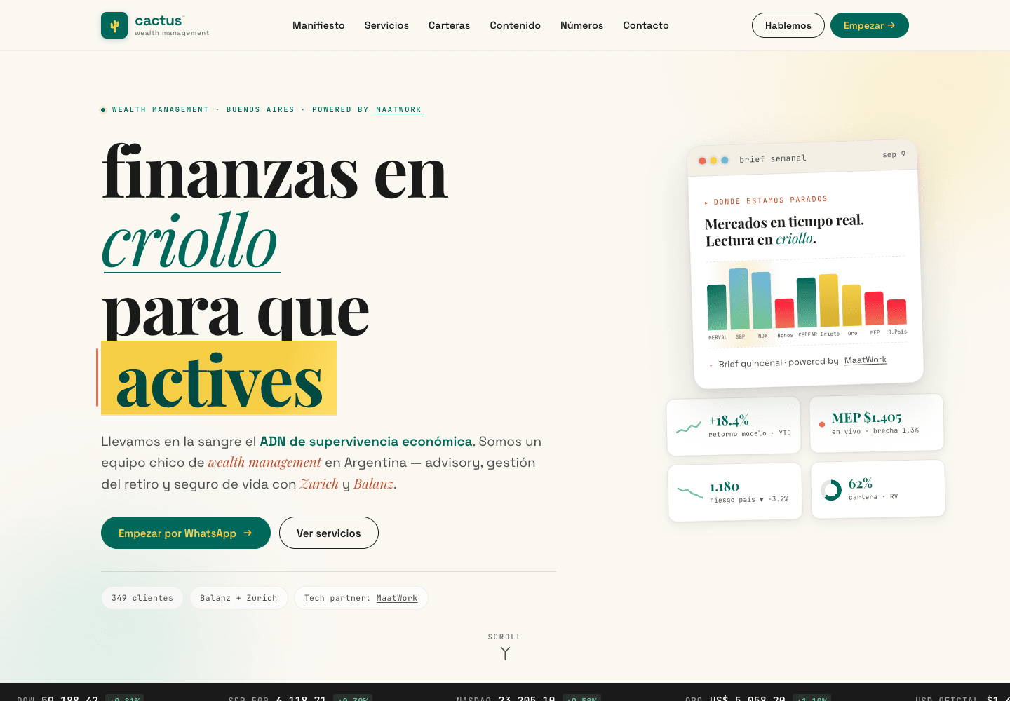 Vista previa de la landing restaurada de Cactus Wealth; los valores del diseño no son cotizaciones actuales ni resultados de MaatWork