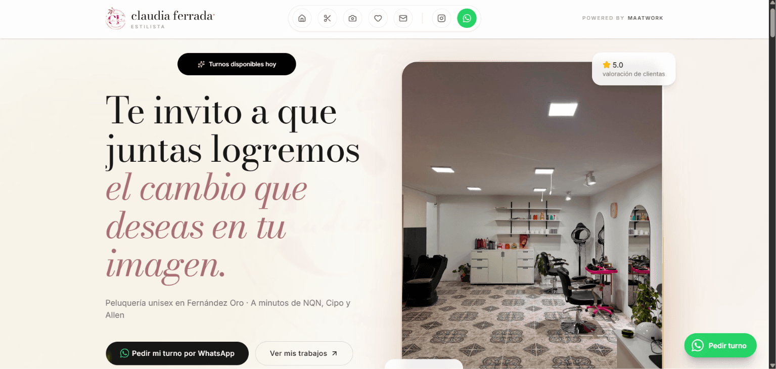 Landing de Claudia Ferrada Estilista con galería del salón
