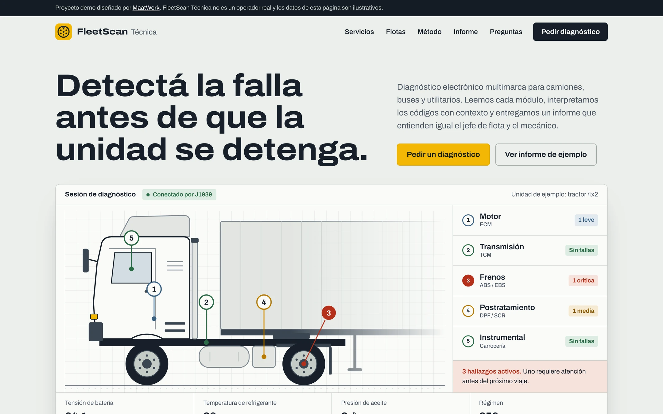 Portada de FleetScan Técnica con el esquema de un camión y los módulos con fallas detectadas, datos ficticios