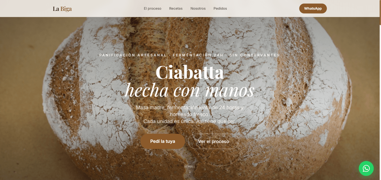 Landing de La Biga con una ciabatta artesanal como imagen principal