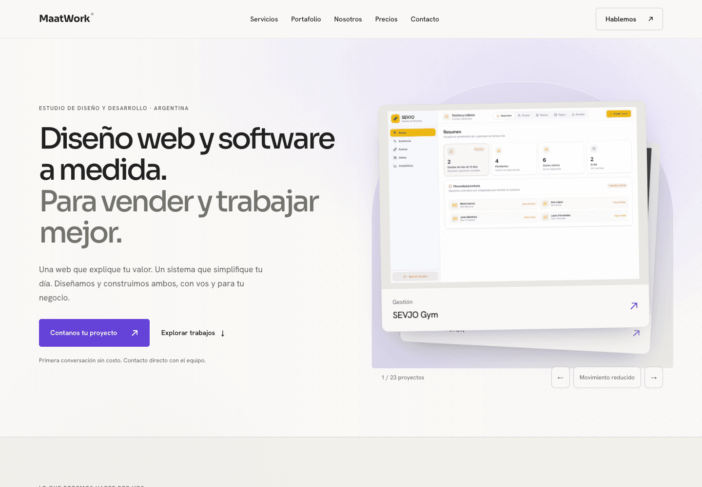 Vista previa del rediseño de maat.work con servicios y carrusel de proyectos