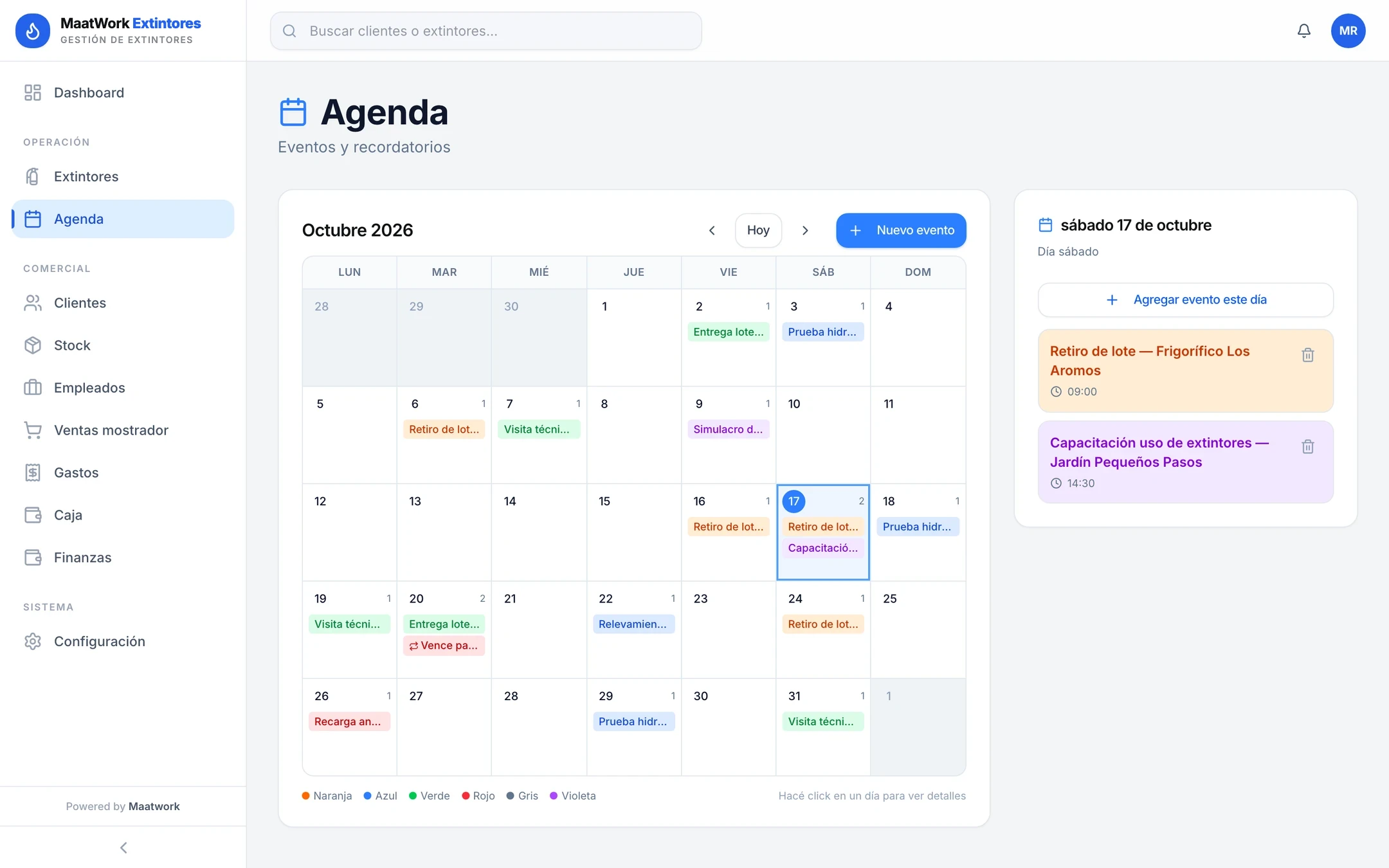 Agenda mensual con retiros de lote, entregas, pruebas hidráulicas y visitas técnicas, y el detalle del día de hoy, con datos ficticios