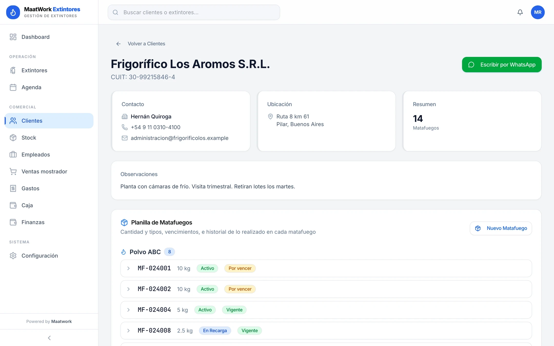 Ficha de un cliente industrial con contacto, dirección, observaciones y la planilla de sus 14 matafuegos con estado y vencimiento, con datos ficticios