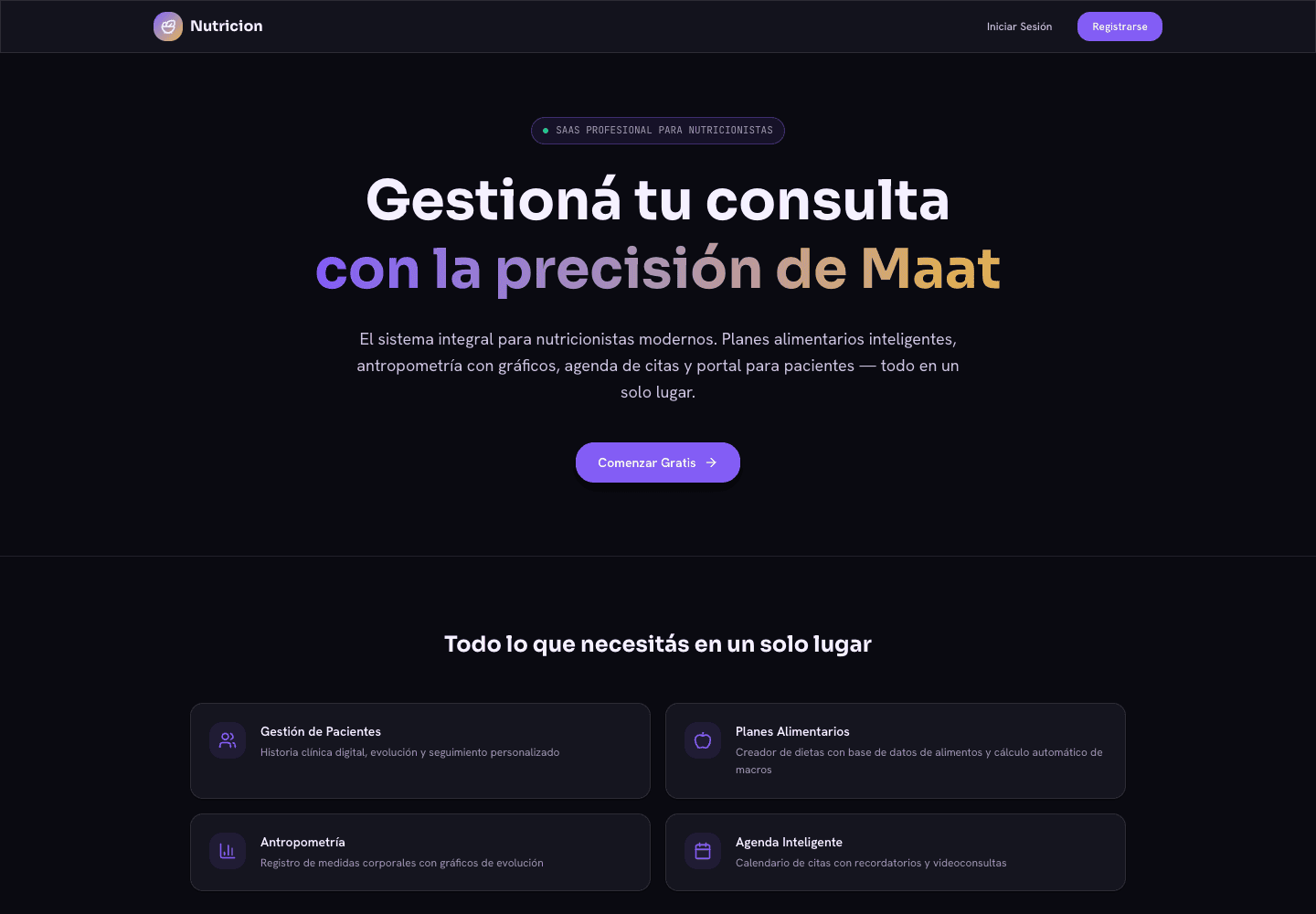 Página pública de MaatWork Nutrición con sus módulos de consulta y seguimiento