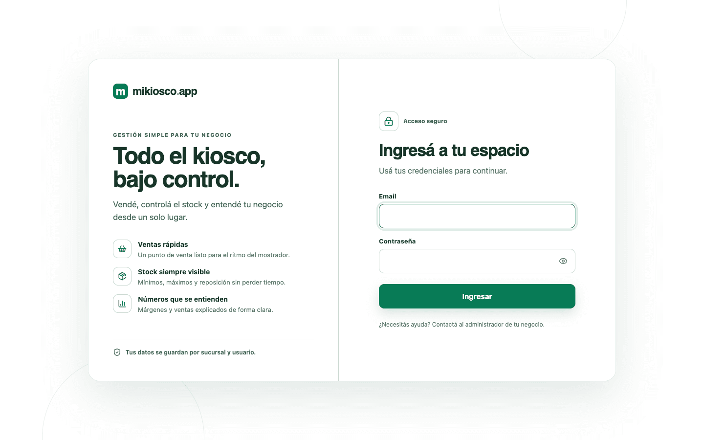 Pantalla pública de acceso a MiKiosco, gestión de ventas, caja e inventario