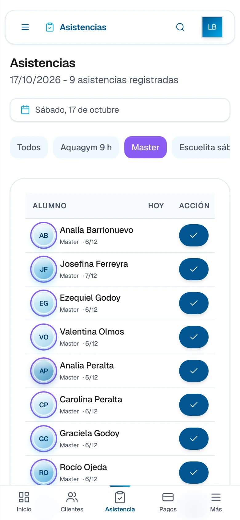 Asistencias de NMS en el celular, con grupos y clases del abono. Datos de demostración.