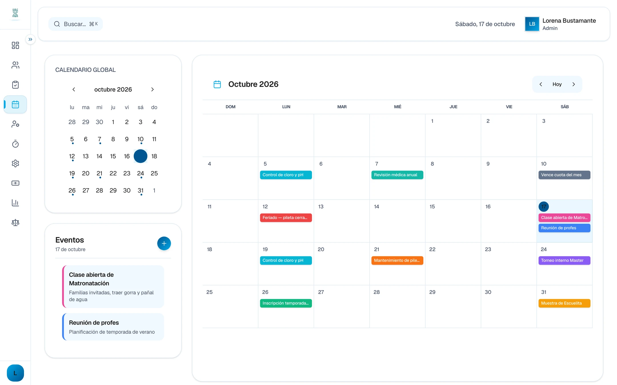 Calendario del mes con feriado, torneo interno, mantenimiento de pileta y clase abierta de hoy, datos ficticios