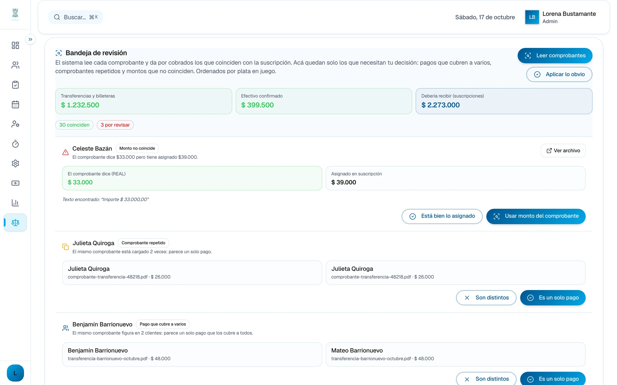 Bandeja de revisión de comprobantes con un pago compartido entre hermanos, un comprobante cargado dos veces y una transferencia incompleta, datos ficticios