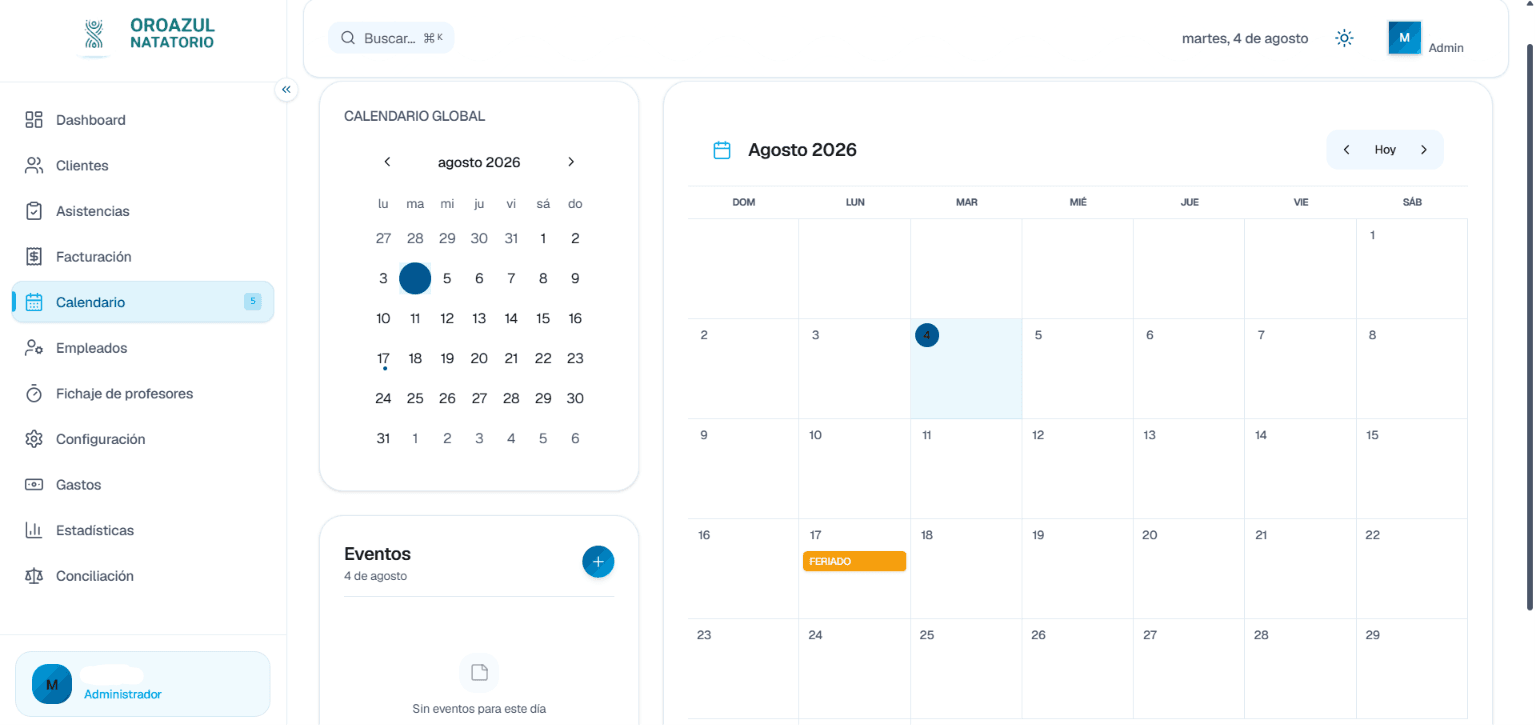 Panel de calendario del sistema NMS para Oro Azul