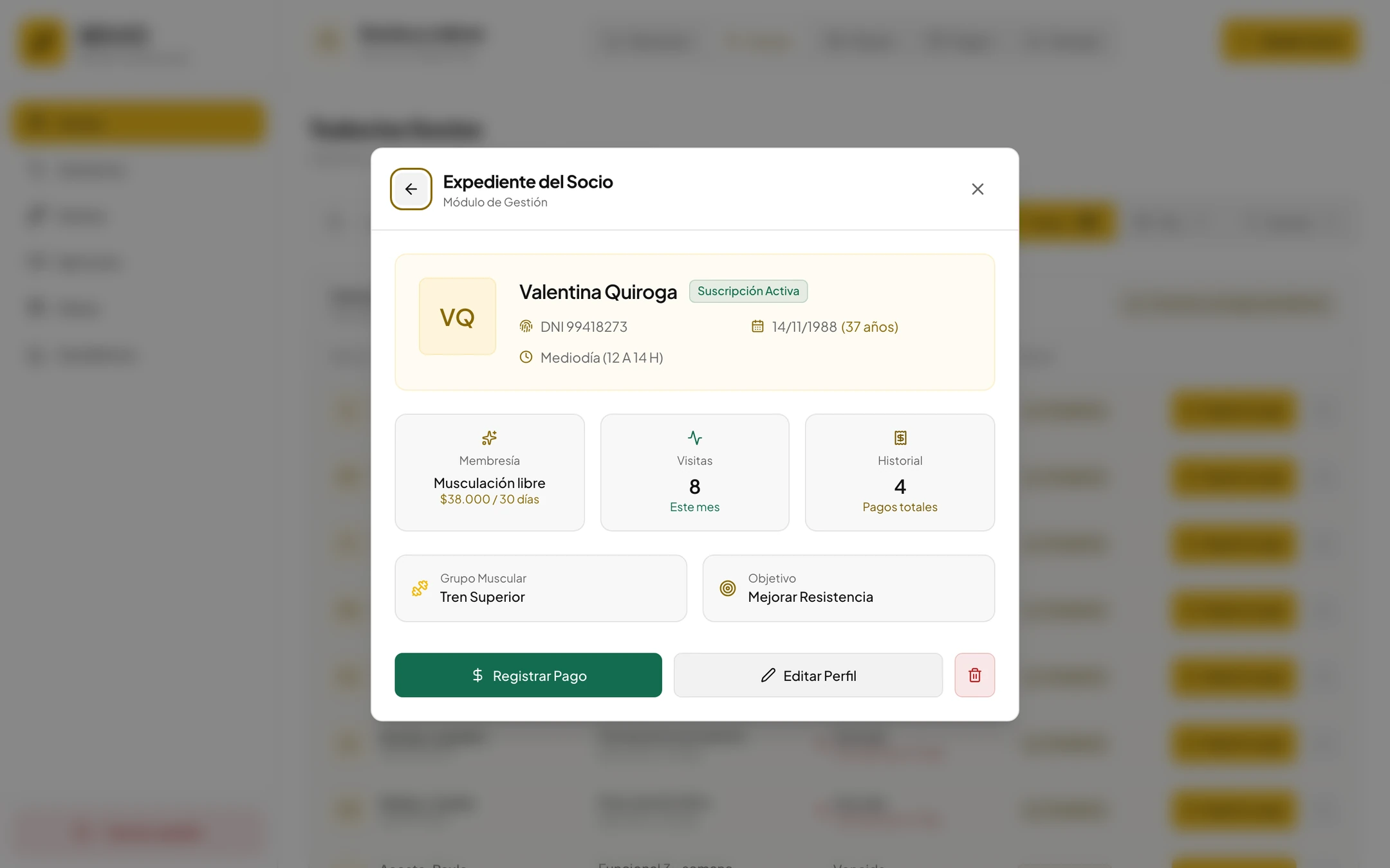 Ficha de una socia con plan, visitas del mes, pagos, horario de entrenamiento y objetivo; datos ficticios