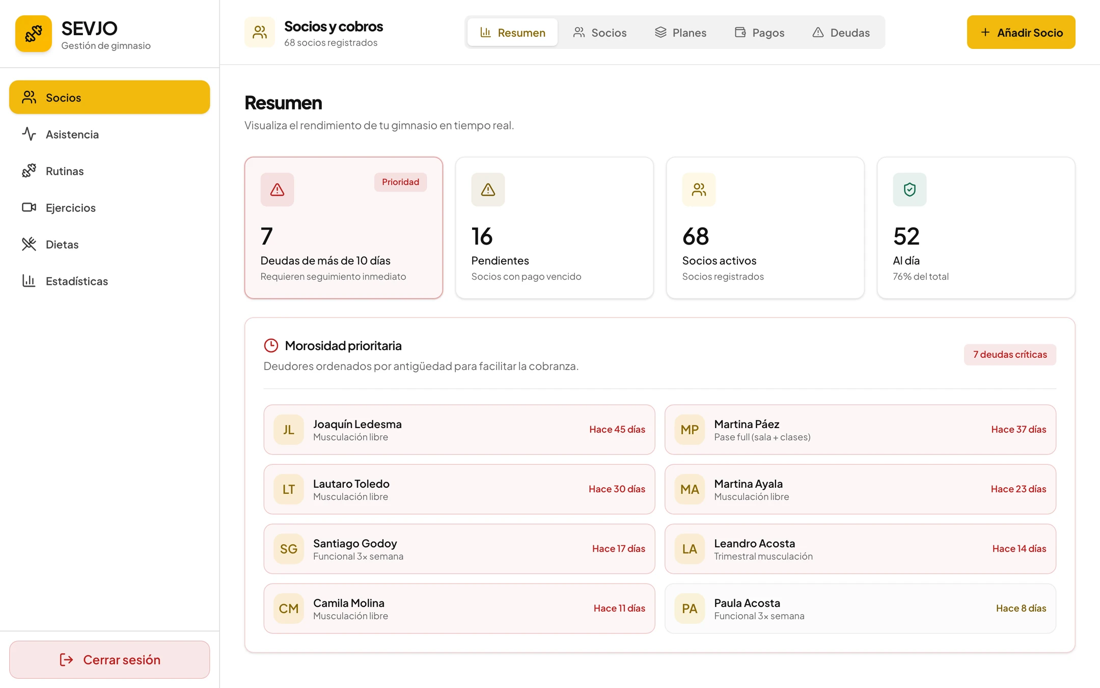 Resumen de socios con contadores de deudas, pendientes y socios al día, y la lista de morosos ordenada por antigüedad; datos ficticios