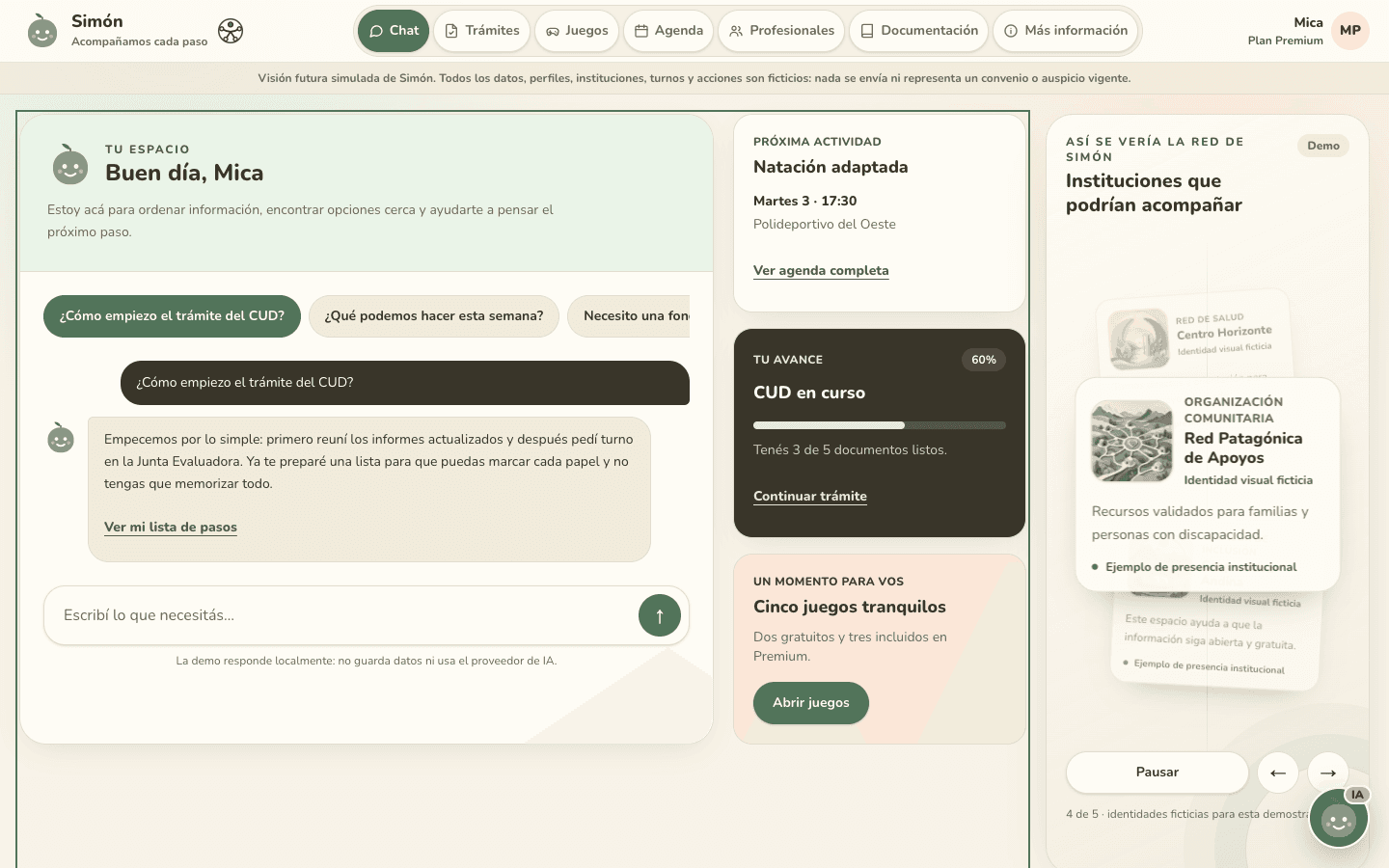 Captura de la demo pública de Simon-AI con trámites, chat y agenda; todos los datos son ficticios
