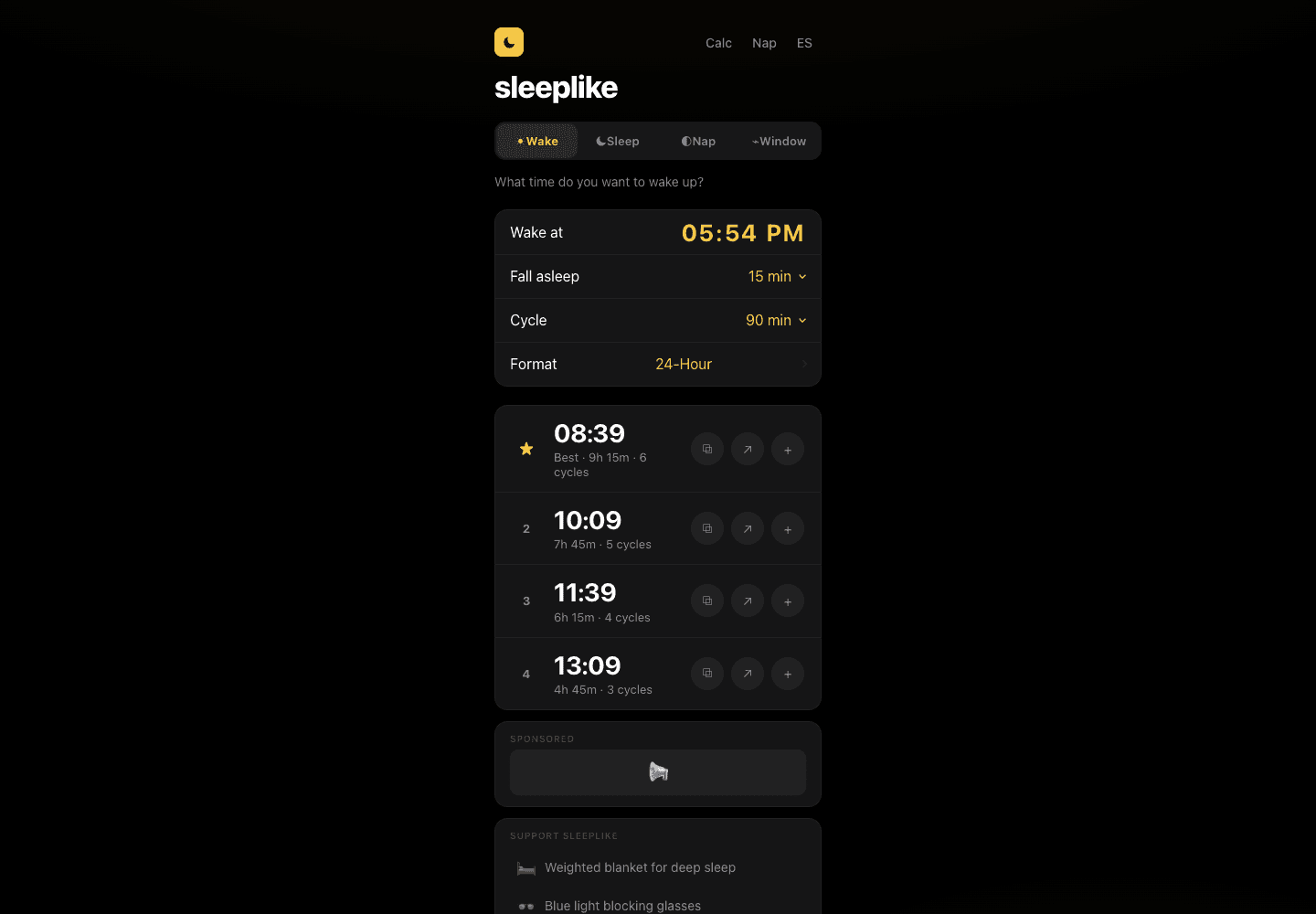 Calculadora real de sleeplike con horarios y ciclos de sueño
